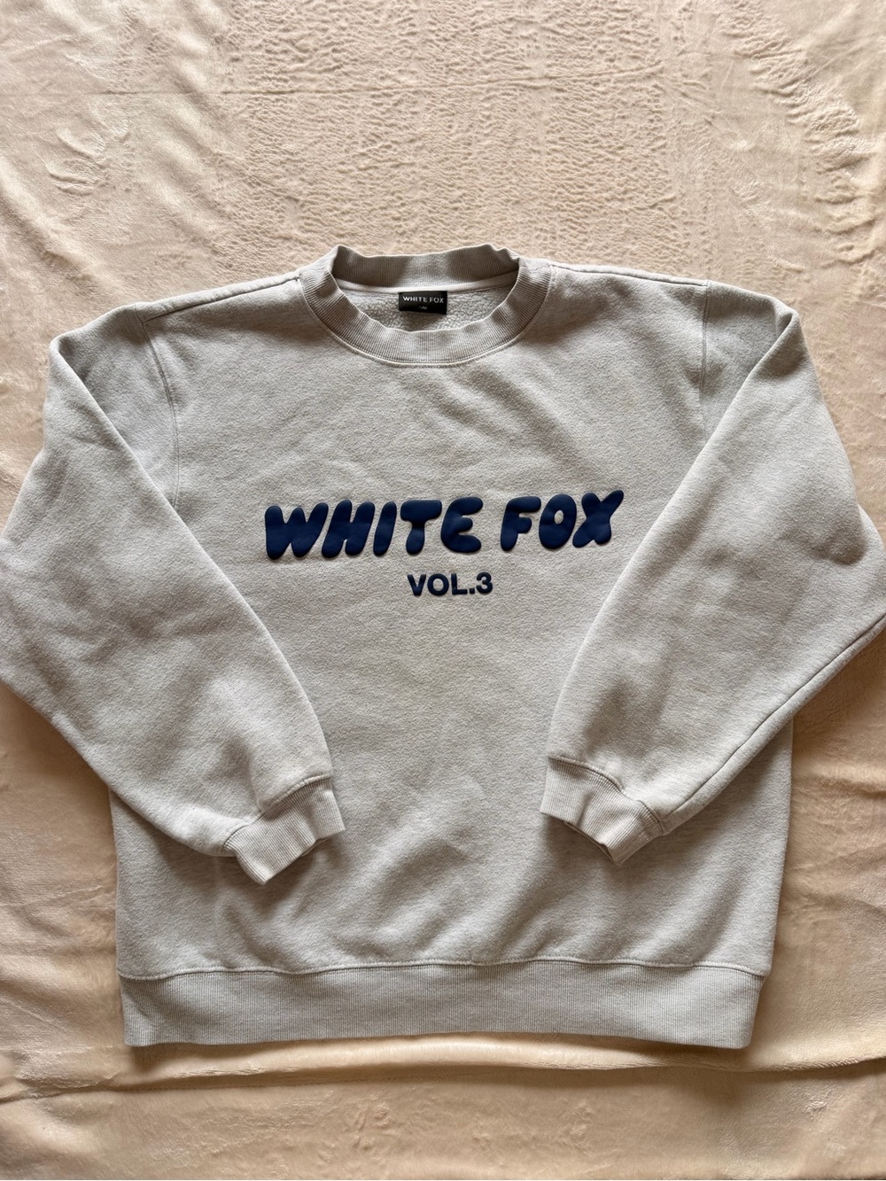 White Fox Boutique Cream Crewneck Sweatshirt with Navy Logo